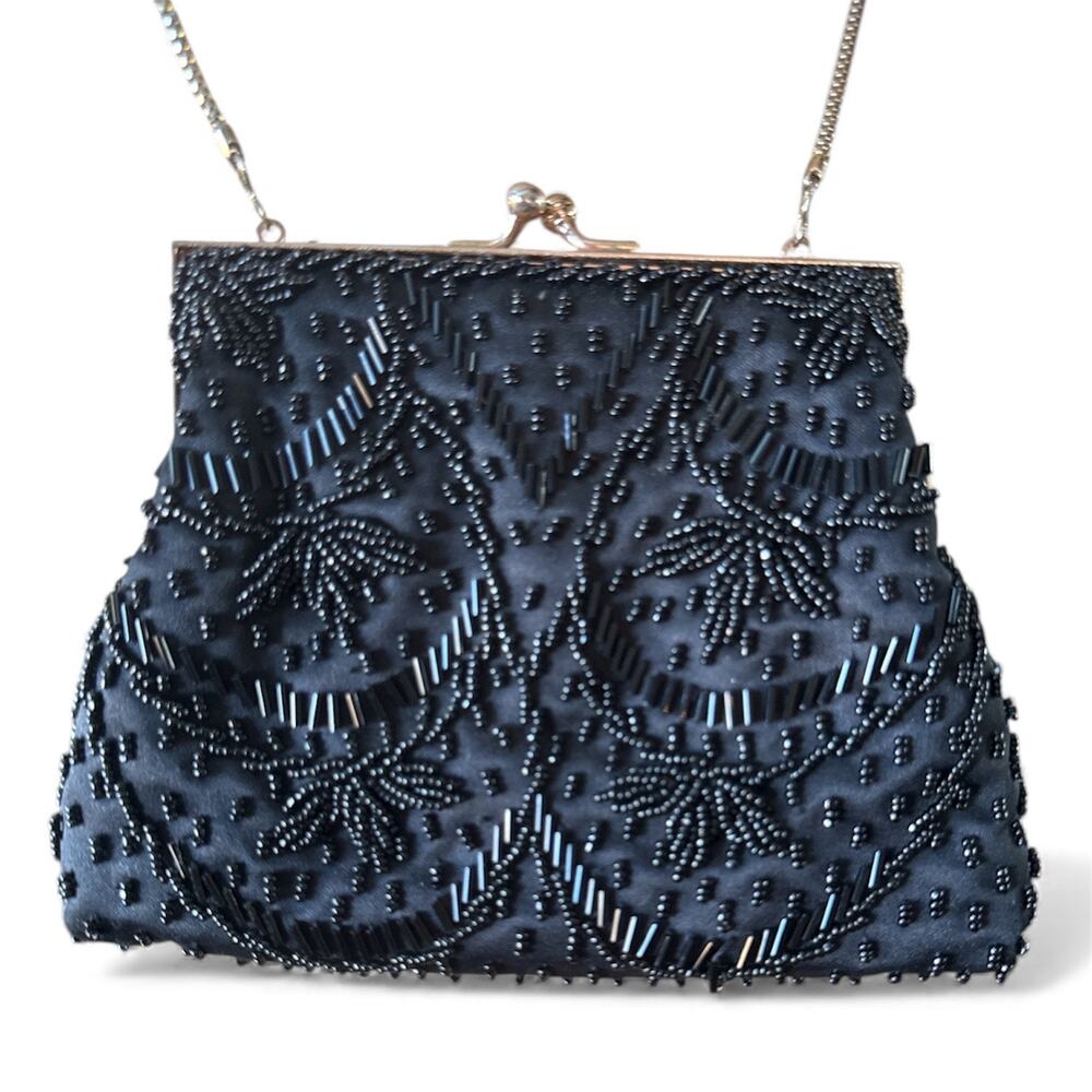 Vintage Walborg Black Beaded Evening Purse Silver Clasp 5.5"x7" 19" Drop